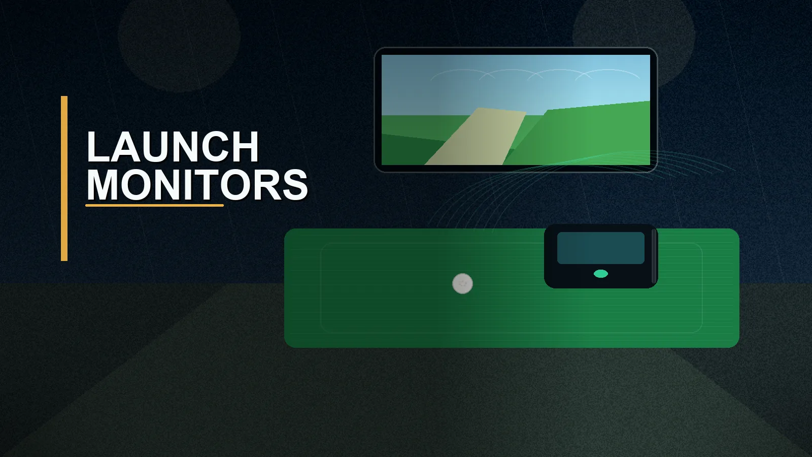 Launch monitor beside a golf ball on indoor turf
